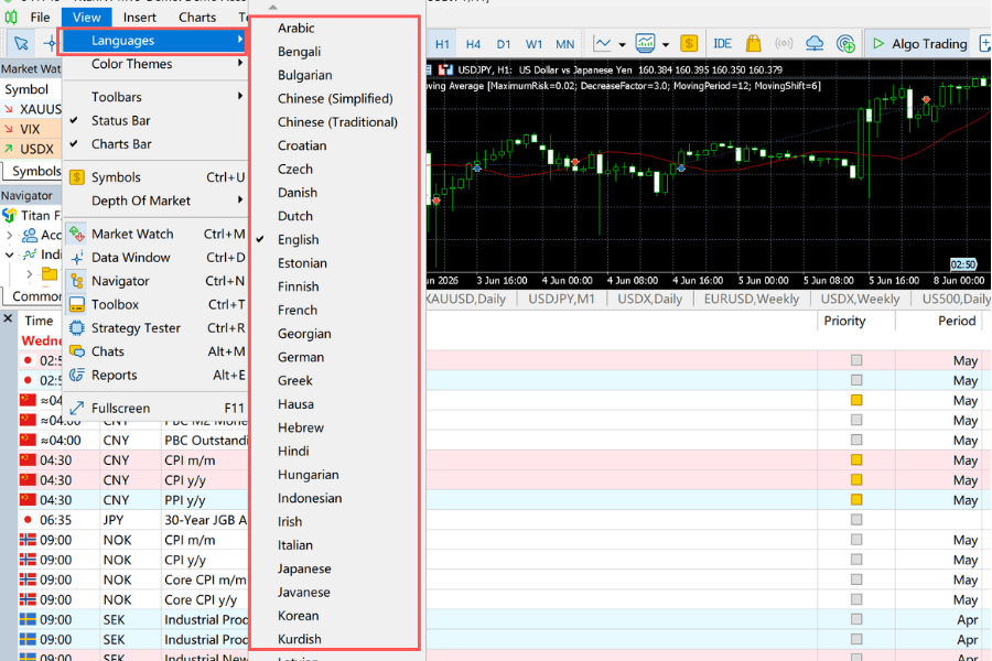MT5 multilingual switching interface, supporting Chinese, English, and Japanese (MetaTrader 5 language settings)