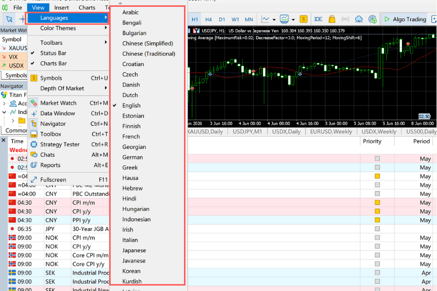 MT5の多言語切り替え画面。中国語・英語・日本語に対応（MetaTrader 5 language settings）
