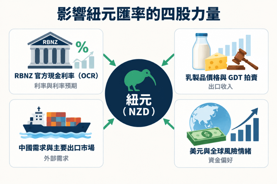 影响纽元汇率的四股力量概念图:RBNZ 官方现金利率、乳制品价格与 GDT 拍卖、中国需求与贸易伙伴、全球风险情绪与美元,四个方向的箭头指向中央的纽元