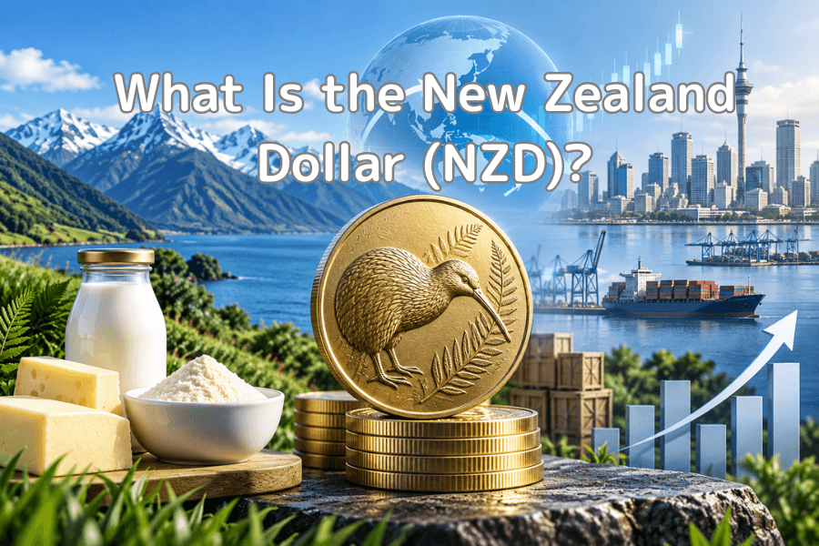 Cover image for What Is the New Zealand Dollar (NZD)? A stack of gold coins stamped with a kiwi and silver fern in the center, milk and cheese on the left, snow-capped mountains, the Auckland skyline, a container ship, and a rising chart in the background
