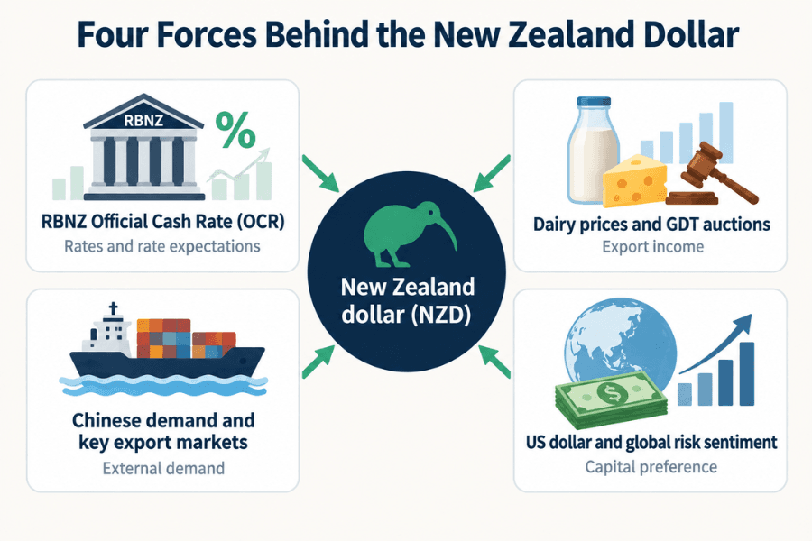 Diagram of the four forces behind the New Zealand dollar: four cards for the RBNZ Official Cash Rate, dairy prices and GDT auctions, Chinese demand and key export markets, and the US dollar and global risk sentiment, with arrows pointing to the New Zealand dollar in the center