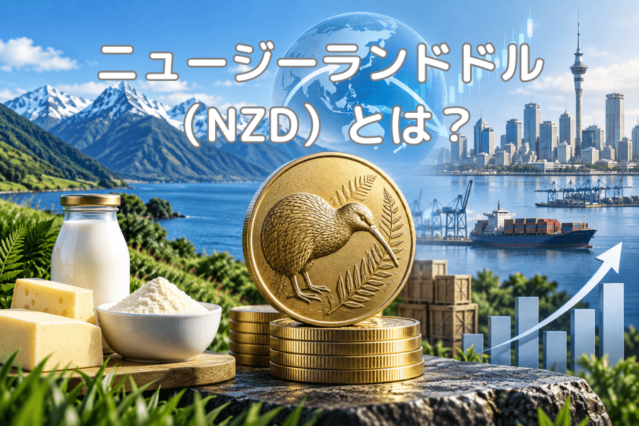 ニュージーランドドル（NZD）とは？の表紙画像。キウイと羊歯が刻まれた金貨の山を中央に、左に牛乳とチーズ、背景に雪山とオークランドの港とコンテナ船、右上に地球と上昇するチャート