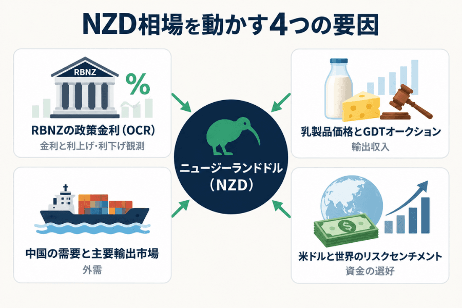 NZドル相場を動かす4つの要因の図：RBNZの政策金利（OCR）、乳製品価格とGDTオークション、中国の需要と主要輸出市場、米ドルと世界のリスクセンチメントの4つのカードから、中央のニュージーランドドル（NZD）へ矢印が向かっている