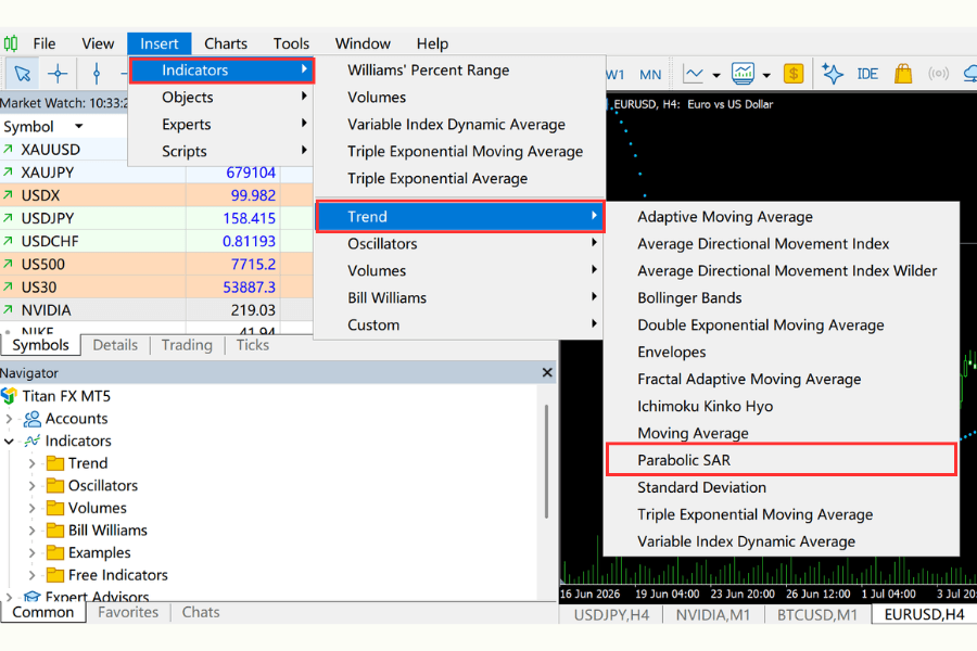 Adding Parabolic SAR in MT5: opening the settings window from the menu Insert → Indicators → Trend → Parabolic SAR