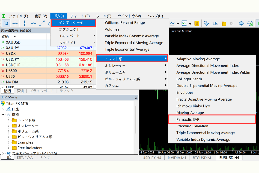 MT5でパラボリックSARを追加する操作:メニュー「挿入→インディケータ→トレンド→Parabolic SAR」から設定画面を開く