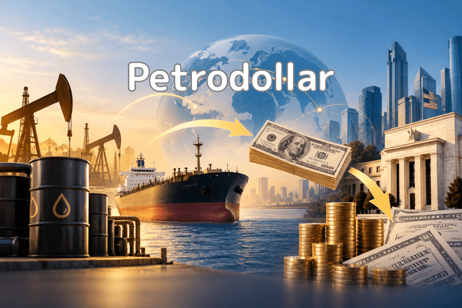 What is a petrodollar? Cover image: oil pumps and rows of barrels on the left, a tanker and a globe in the center, arrows running from the crude to a stack of dollar bills and on to gold coins and a financial institution building on the right, showing oil revenue converting into dollars and flowing into financial assets. Financial glossary series