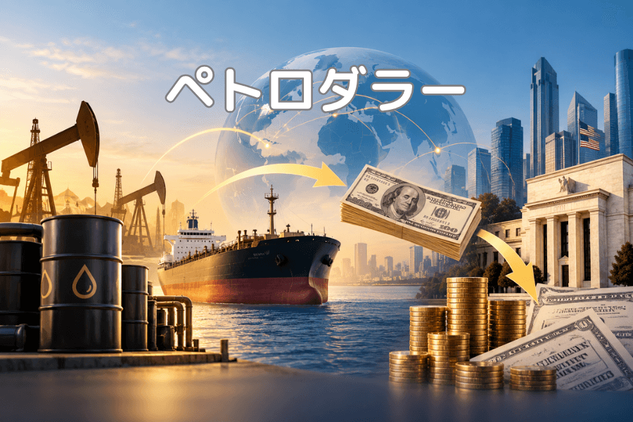 ペトロダラー(Petrodollar)とは?表紙画像:左に石油ポンプと並んだドラム缶、中央にタンカーと地球、矢印が原油からドル紙幣の束へ、さらに右の金貨と金融機関の建物へと向かい、原油収入がドルに換わって金融資産へ流れる経路を表している。金融用語集シリーズ