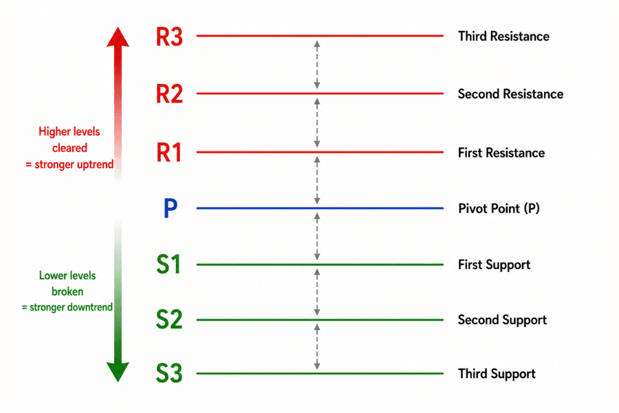 The seven-line Pivot Points structure: the central pivot P with R1-R3 above and S1-S3 below, all calculated from the previous period's high, low, and close
