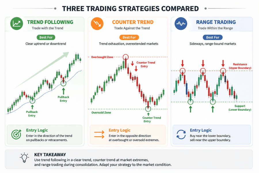 The three trading strategies compared: trend following goes with the trend, counter-trend fades overextended extremes, and range trading works between horizontal upper and lower edges