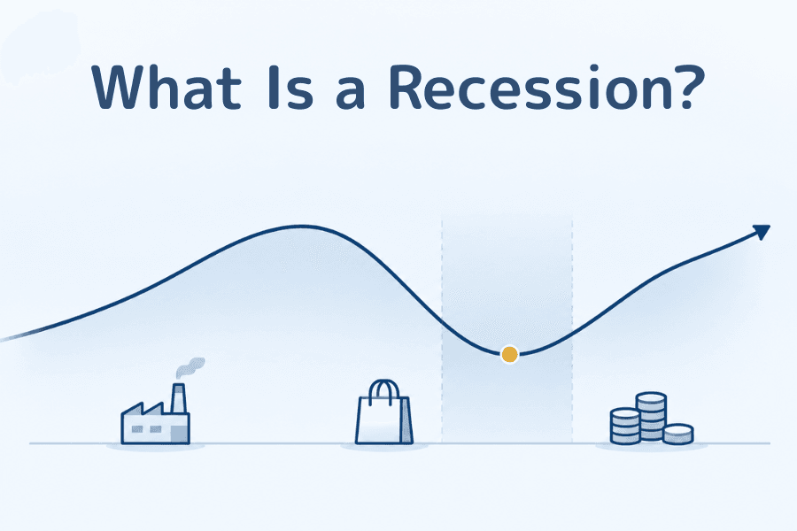 What is a recession? Cover image: a business-cycle curve that rises, falls into a trough and recovers, financial glossary series