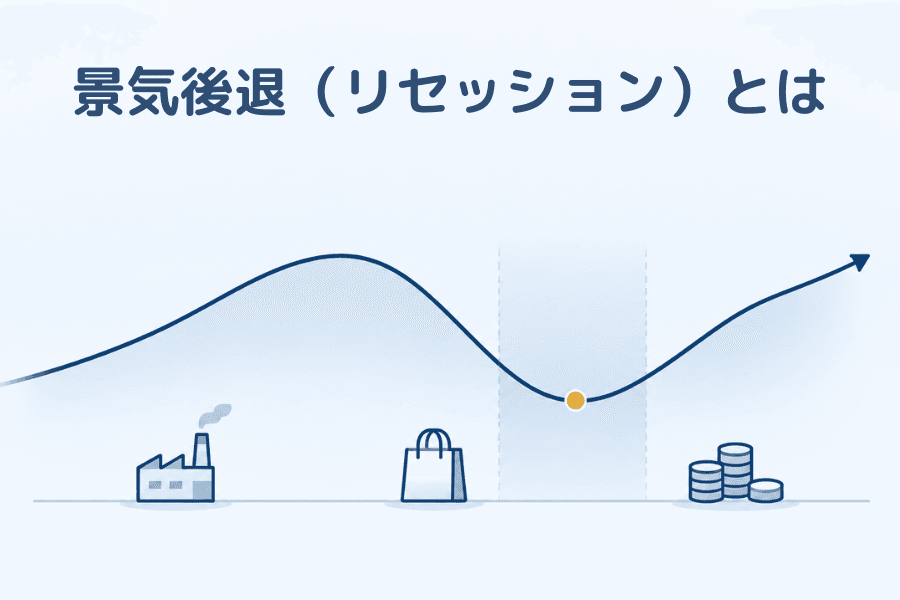 景気後退(リセッション)とは?カバー画像:上昇して下落し、再び回復する景気の曲線、金融用語シリーズ