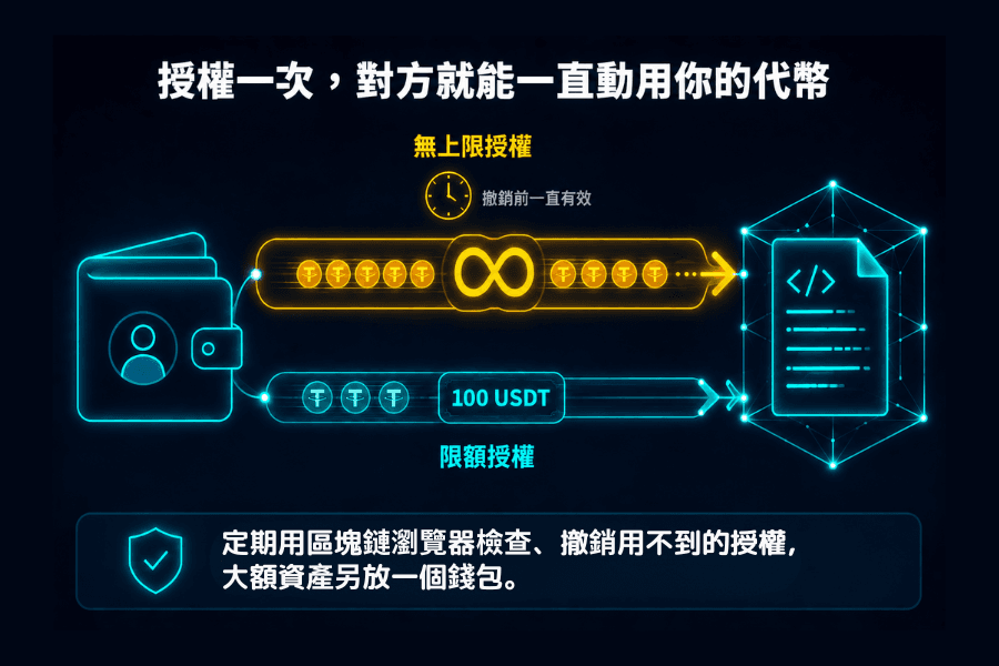 代币授权(approve)两种额度的对比示意图:同一个钱包连往同一份合约,上方管道粗、标示无限符号与时钟,代表无上限授权在使用者主动撤销前一直有效;下方管道细,代表限额授权只放行本次所需的数量