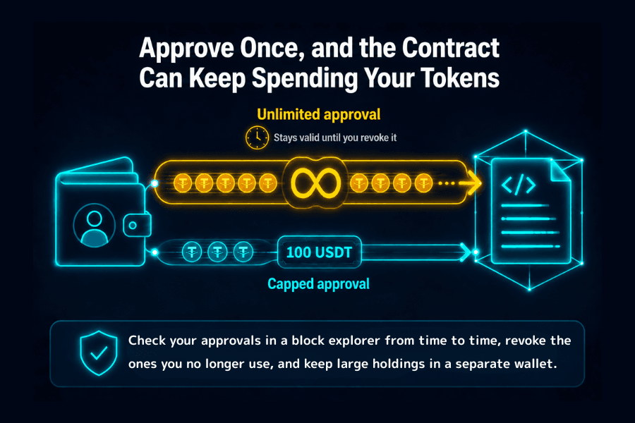 Comparison of two token approval limits: the same wallet connects to the same contract through two channels — a wide channel marked with an infinity symbol and a clock for an unlimited approval that stays valid until revoked, and a narrow channel that only lets through the amount needed for this transaction