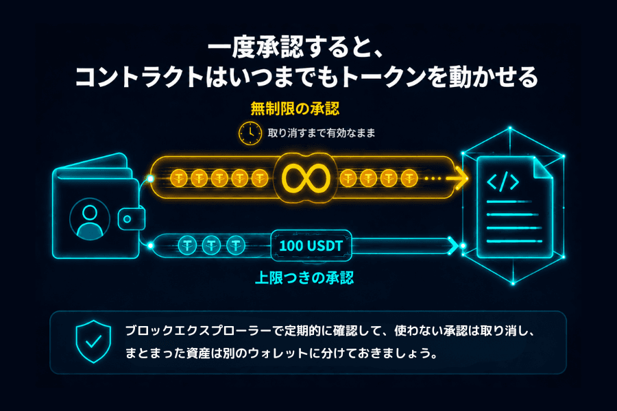トークンの承認額を比べた図。同じウォレットから同じコントラクトへ2本の経路が伸びており、上は無限記号と時計を添えた太い経路で、取り消すまで有効な上限なしの承認を表す。下は細い経路で、今回必要な分だけを通す上限つきの承認を表す