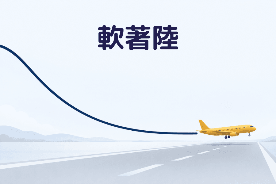 软着陆（Soft Landing）是什么？封面图：一条下降的曲线逐渐放平，末端一架小飞机正要轻轻触地，跑道在下方延伸，金融词汇系列