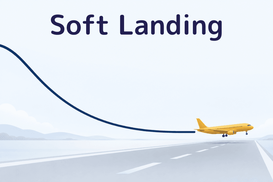 What is a soft landing? Cover image: a descending curve flattens out and a small aircraft touches down gently at the end of it, with a runway stretching below. Financial glossary series