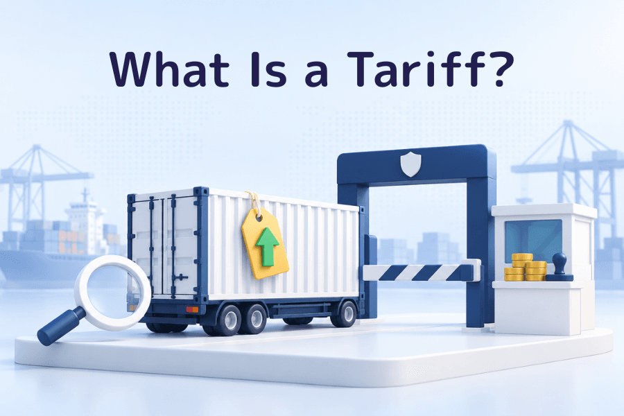 Cover image for What Is a Tariff? A white shipping container waits in front of a customs gate; a gold price tag with a green arrow hangs from the container, and a stack of gold coins sits on the customs counter beside the gate. Glossary series